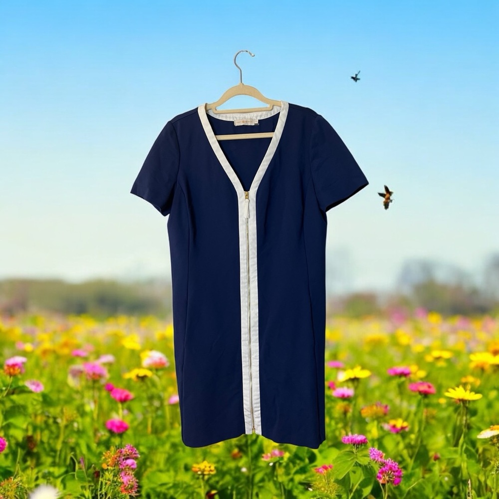 Tory Burch Navy Kimberly Zip Front Mini Dress with White Trim